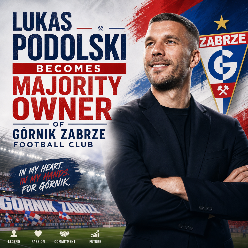 Lukas Podolski smiling, holding a Górnik Zabrze football club scarf, celebrating ownership news.