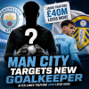Manchester City goalkeeper in action, preparing to block a shot during a match.