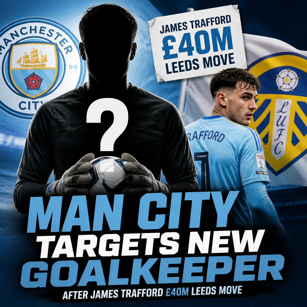 Manchester City goalkeeper in action, preparing to block a shot during a match.