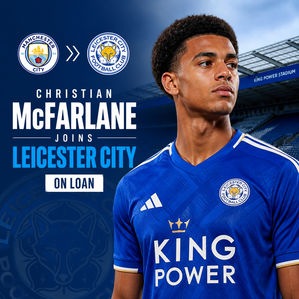 Christian McFarlane in a Leicester City football kit, smiling and holding a football on a pitch.