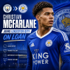 Christian McFarlane in Leicester City kit holding a football, smiling on the pitch.