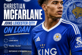 Christian McFarlane in Leicester City kit holding a football, smiling on the pitch.