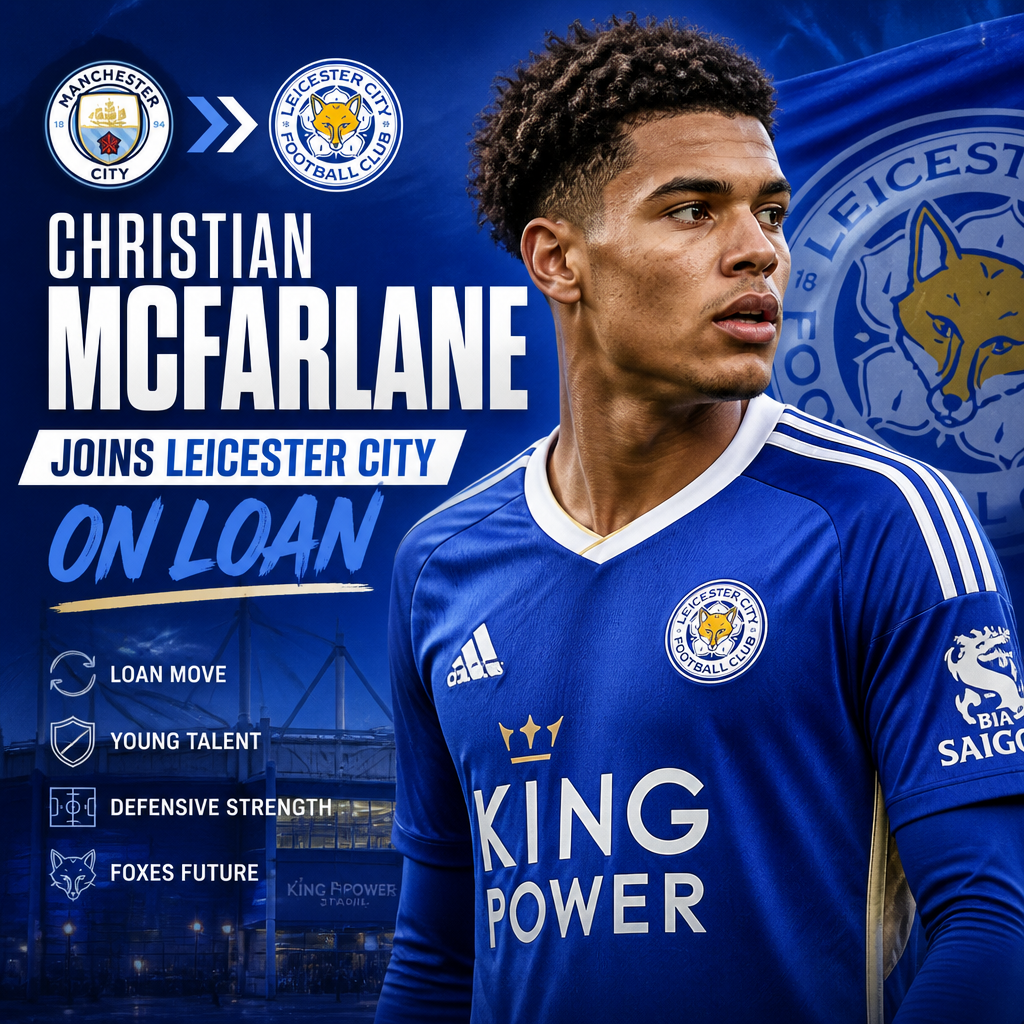 Christian McFarlane in Leicester City kit holding a football, smiling on the pitch.