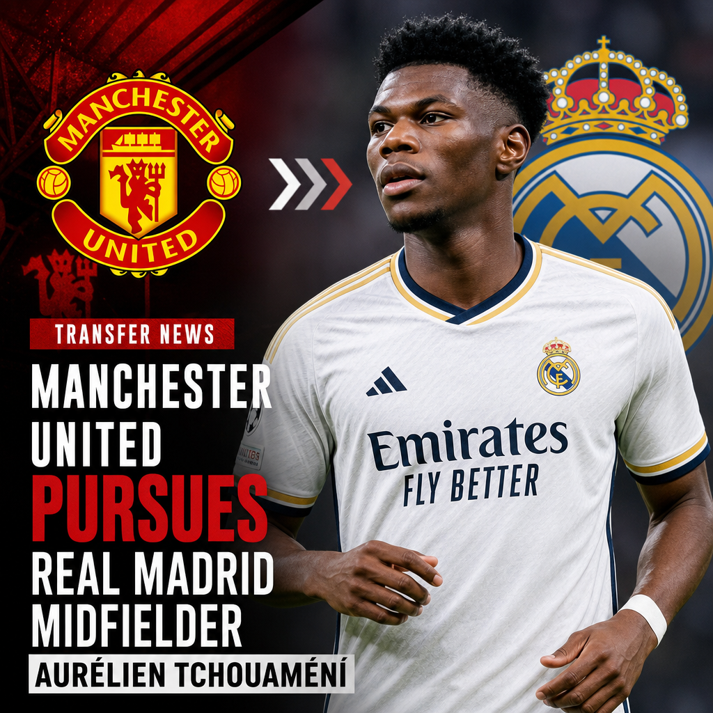 Manchester United's logo and Real Madrid's logo with midfielder Aurélien Tchouaméni in the center.