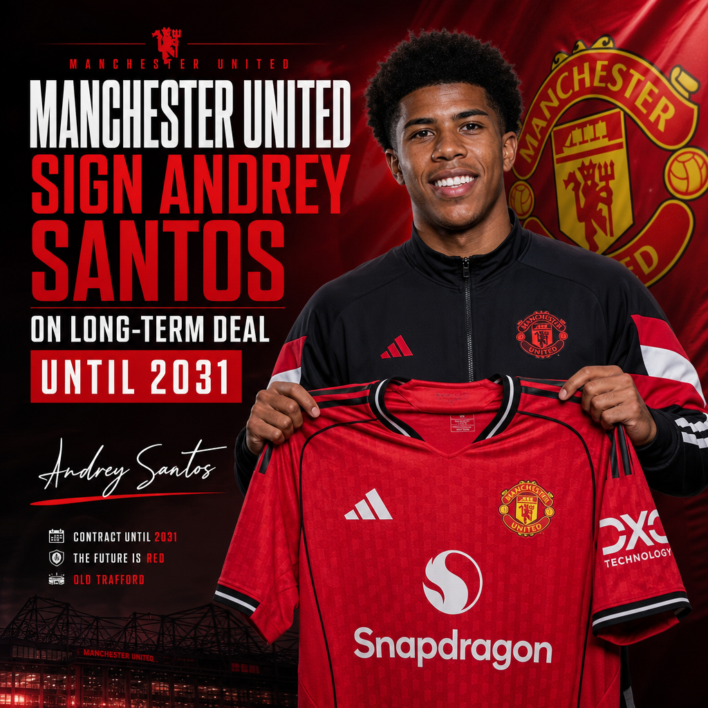 Andrey Santos in a Manchester United jersey holding a signed contract, smiling in front of the club logo.