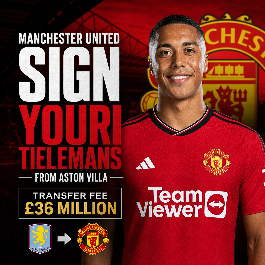 Youri Tielemans in Manchester United kit celebrating his transfer from Aston Villa.