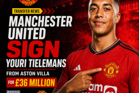Youri Tielemans in a red Manchester United jersey, celebrating his signing from Aston Villa.