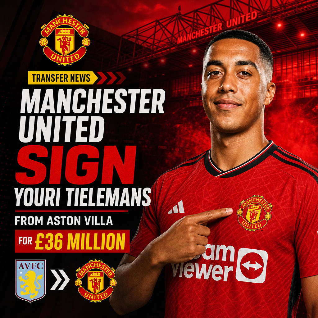 Youri Tielemans in a red Manchester United jersey, celebrating his signing from Aston Villa.
