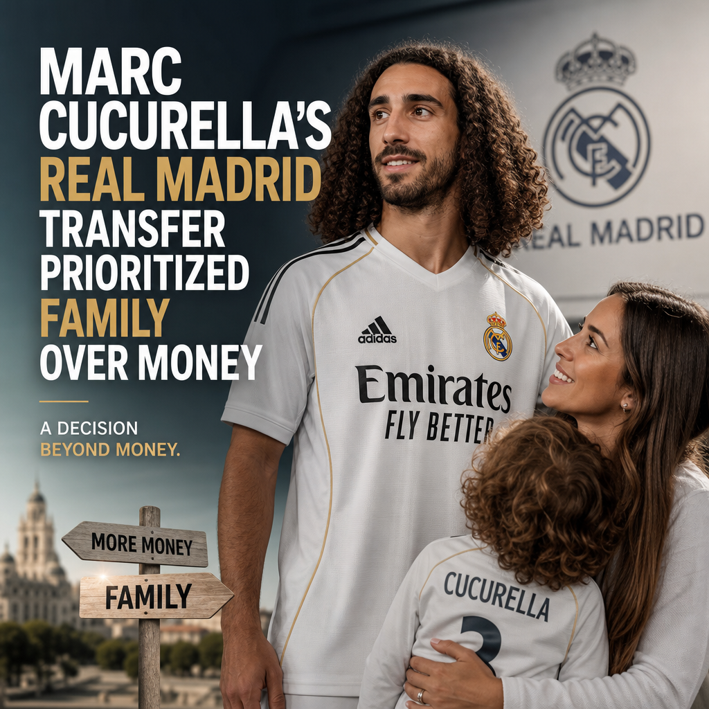 Marc Cucurella smiling, wearing a soccer jersey, with a background of soccer field and fans.
