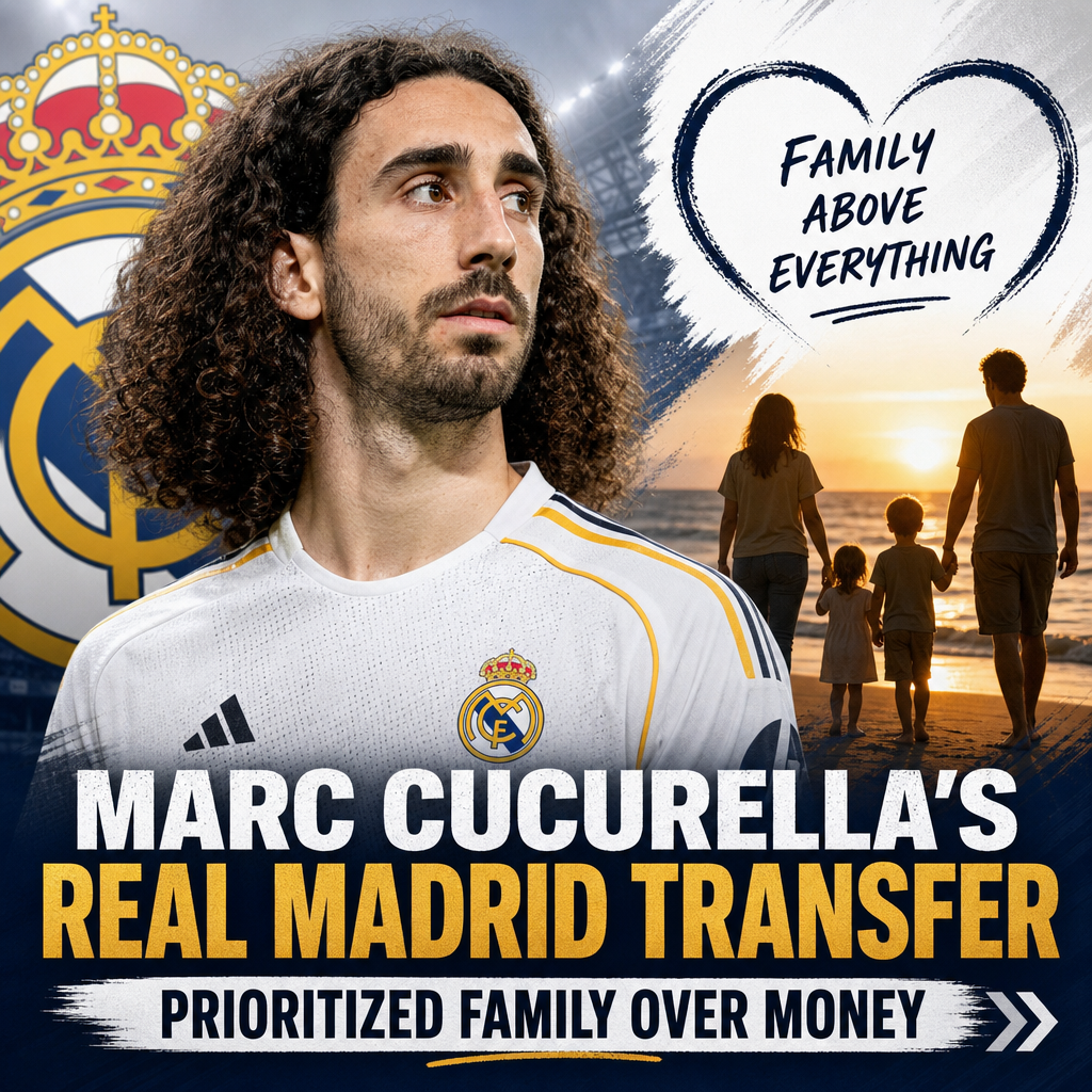 Marc Cucurella in a blue jersey, emphasizing his Real Madrid transfer choice prioritizing family over money.