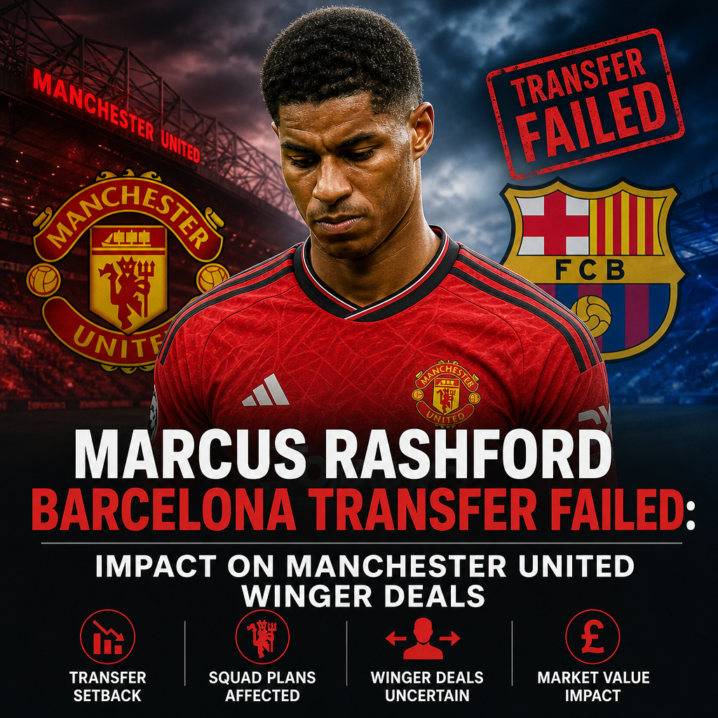 Marcus Rashford celebrates a goal in a red Manchester United kit, highlighting his key role after the failed Barcelona transf