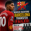 Marcus Rashford in Manchester United jersey looking focused with Barcelona and transfer-related graphics in the background.