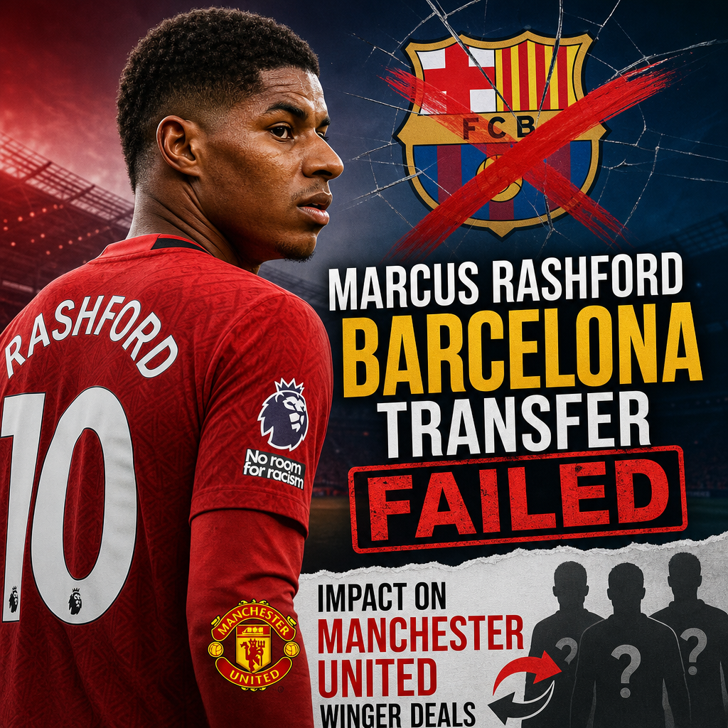 Marcus Rashford in Manchester United jersey looking focused with Barcelona and transfer-related graphics in the background.