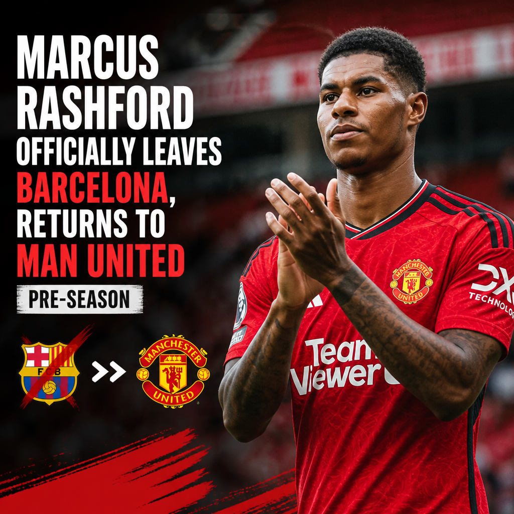 Marcus Rashford wearing a Manchester United jersey, smiling and celebrating on the soccer field.