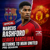 Marcus Rashford in Manchester United kit, celebrating during a match after returning from Barcelona.