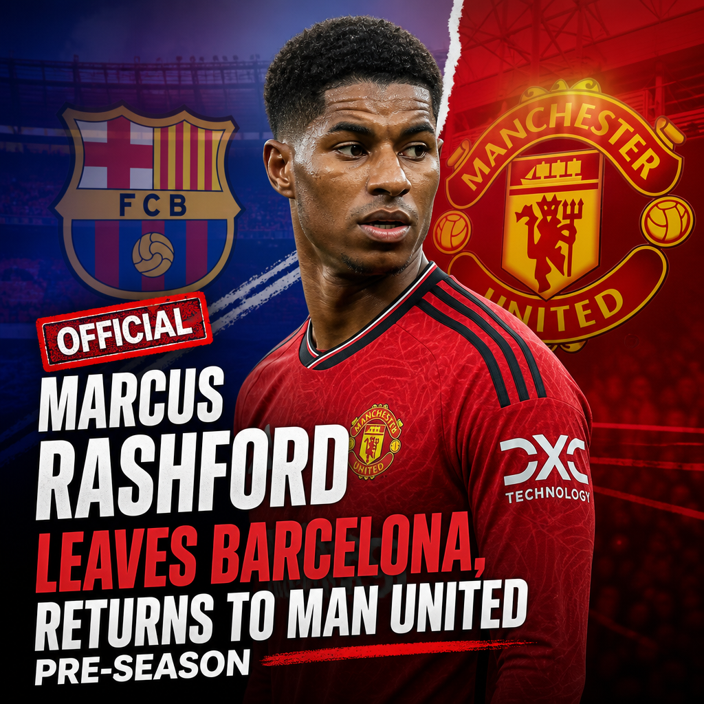 Marcus Rashford in Manchester United kit, celebrating during a match after returning from Barcelona.