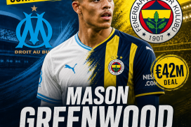 Mason Greenwood in a Fenerbahçe jersey, smiling with transfer announcement text in the background.