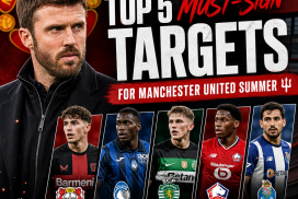 Graphic listing Michael Carrick’s top 5 must-sign transfer targets for Manchester United summer 2024.