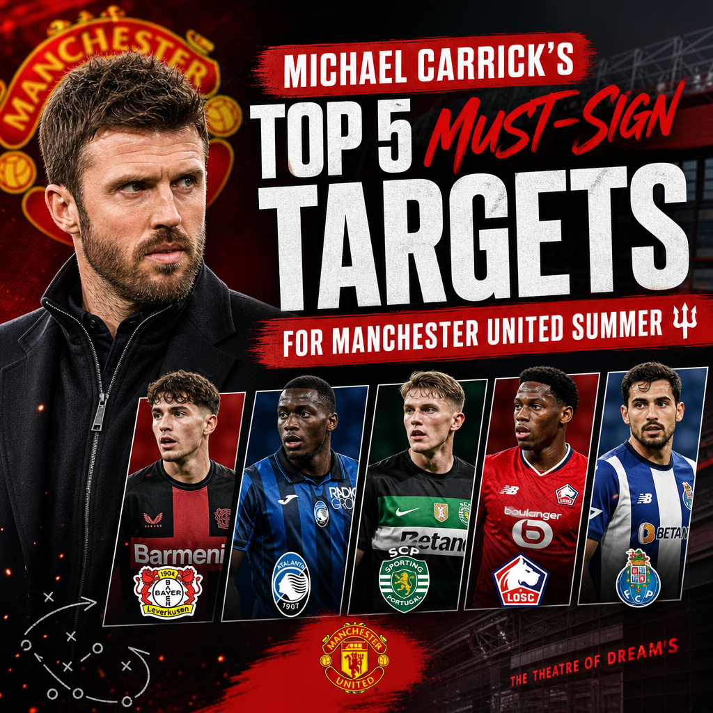 Graphic listing Michael Carrick’s top 5 must-sign transfer targets for Manchester United summer 2024.