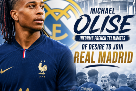 Michael Olise talking passionately with his French teammates, expressing his wish to join Real Madrid.