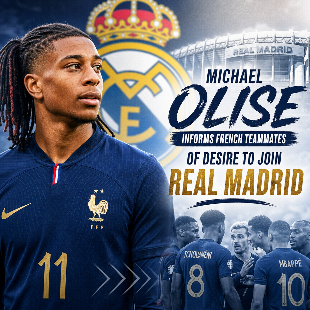 Michael Olise talking passionately with his French teammates, expressing his wish to join Real Madrid.