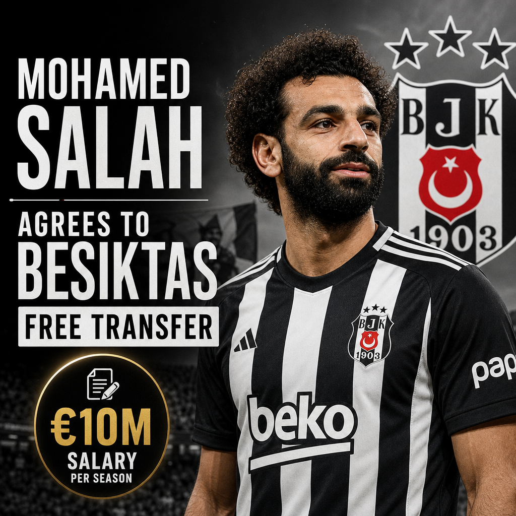 Mohamed Salah smiling in a football jersey, celebrating his transfer to Besiktas with a €10M salary per season.