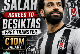 Mohamed Salah in a Besiktas jersey, smiling and holding a football, announcing his free transfer deal.