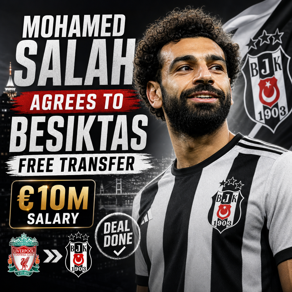 Mohamed Salah in a Besiktas jersey, smiling and holding a football, announcing his free transfer deal.