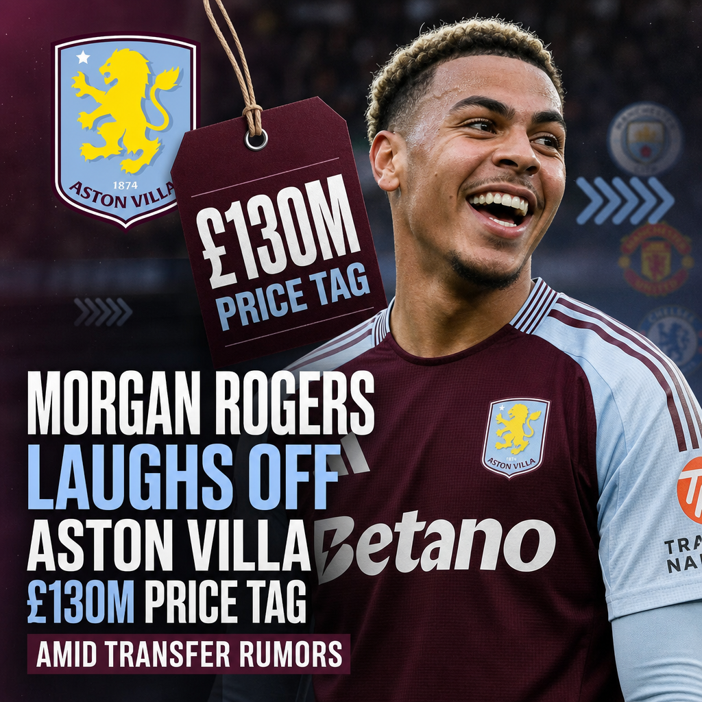 Morgan Rogers laughing during a press event with a blurred background.