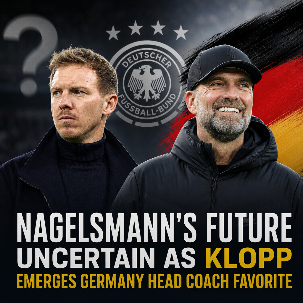 Julian Nagelsmann and Jürgen Klopp face off, symbolizing uncertainty over Germany's next head coach.