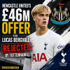 Lucas Bergvall in blue and white kit dribbling a ball, with text about Newcastle's £46m rejected offer.
