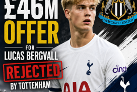 Lucas Bergvall in blue and white kit dribbling a ball, with text about Newcastle's £46m rejected offer.