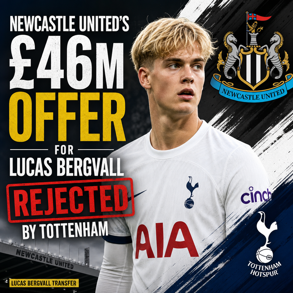 Lucas Bergvall in blue and white kit dribbling a ball, with text about Newcastle's £46m rejected offer.