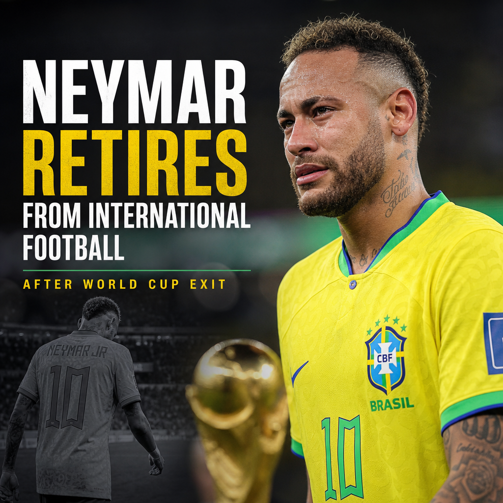 Neymar speaking at a press conference announcing his retirement from international football after World Cup loss.