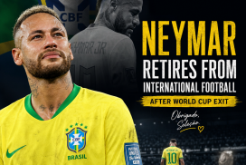 Neymar holds a microphone, announcing his retirement from international football after Brazil's World Cup exit.
