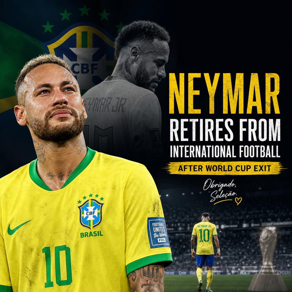 Neymar holds a microphone, announcing his retirement from international football after Brazil's World Cup exit.