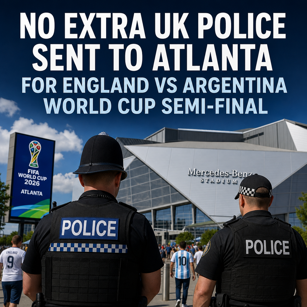 Exterior of Mercedes-Benz Stadium in Atlanta with fans arriving for England vs Argentina FIFA World Cup 2026 semi-final.