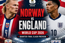 Norway and England football players face off with their national flags in the background for World Cup 2026 quarter-final.