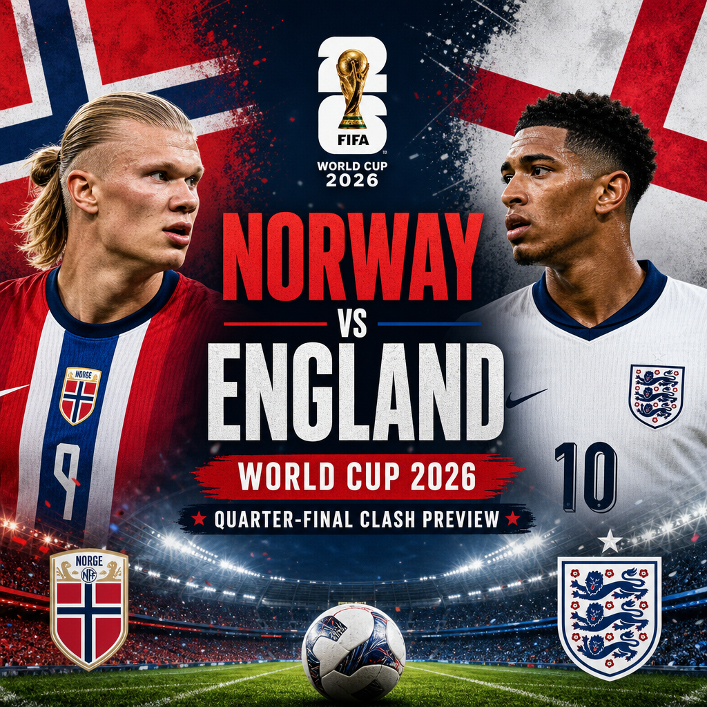 Norway and England football players face off with their national flags in the background for World Cup 2026 quarter-final.