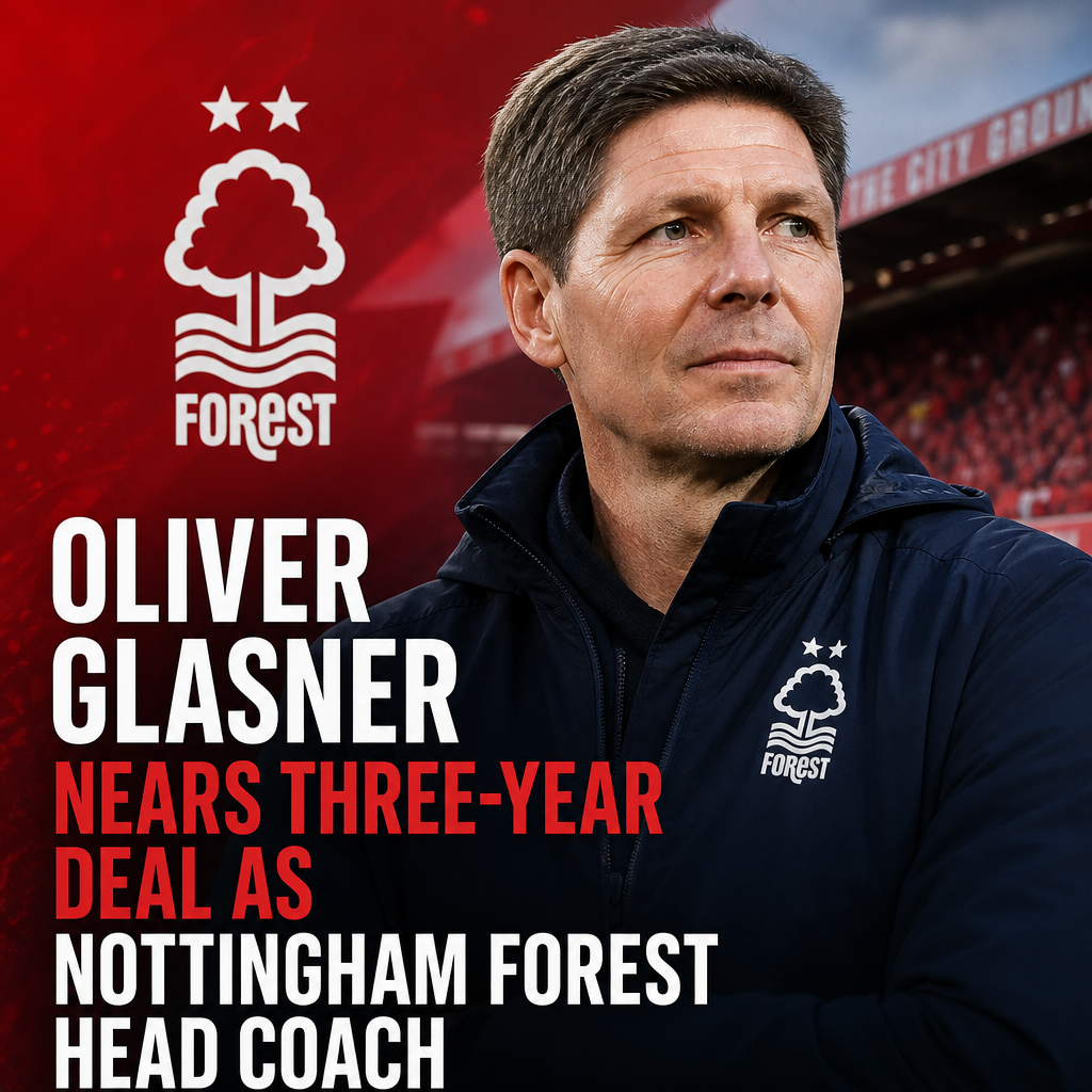 Oliver Glasner wearing a suit, smiling at a press conference with Nottingham Forest logo in the background.