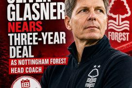 Oliver Glasner poses confidently in a suit, nearing a three-year deal as Nottingham Forest head coach.