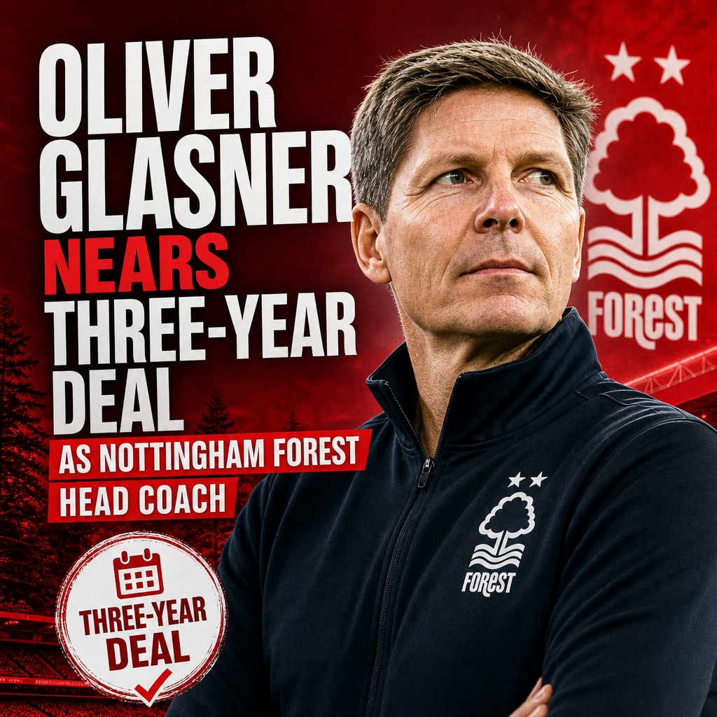 Oliver Glasner poses confidently in a suit, nearing a three-year deal as Nottingham Forest head coach.