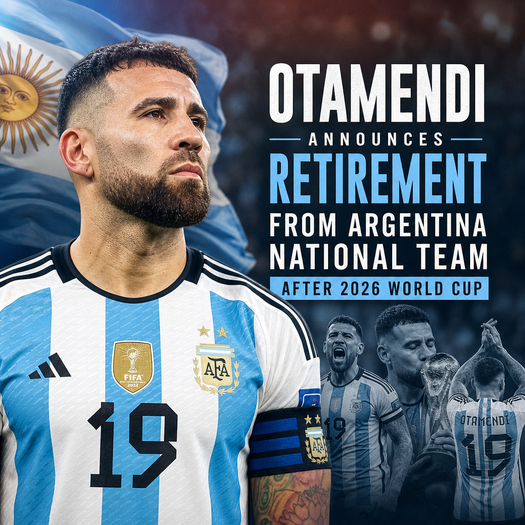 Nicolás Otamendi making an announcement during a press conference about his Argentina retirement.
