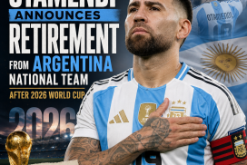 Nicolas Otamendi speaking at a press conference announcing his retirement from the Argentina national team.