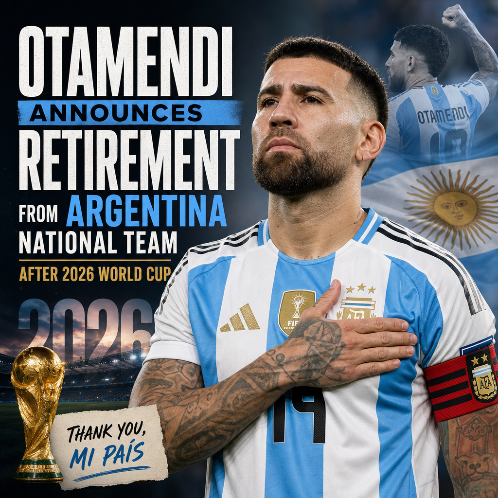 Nicolas Otamendi speaking at a press conference announcing his retirement from the Argentina national team.