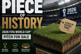 Pieces of the official 2026 FIFA World Cup pitch displayed for sale as certified, authentic memorabilia.