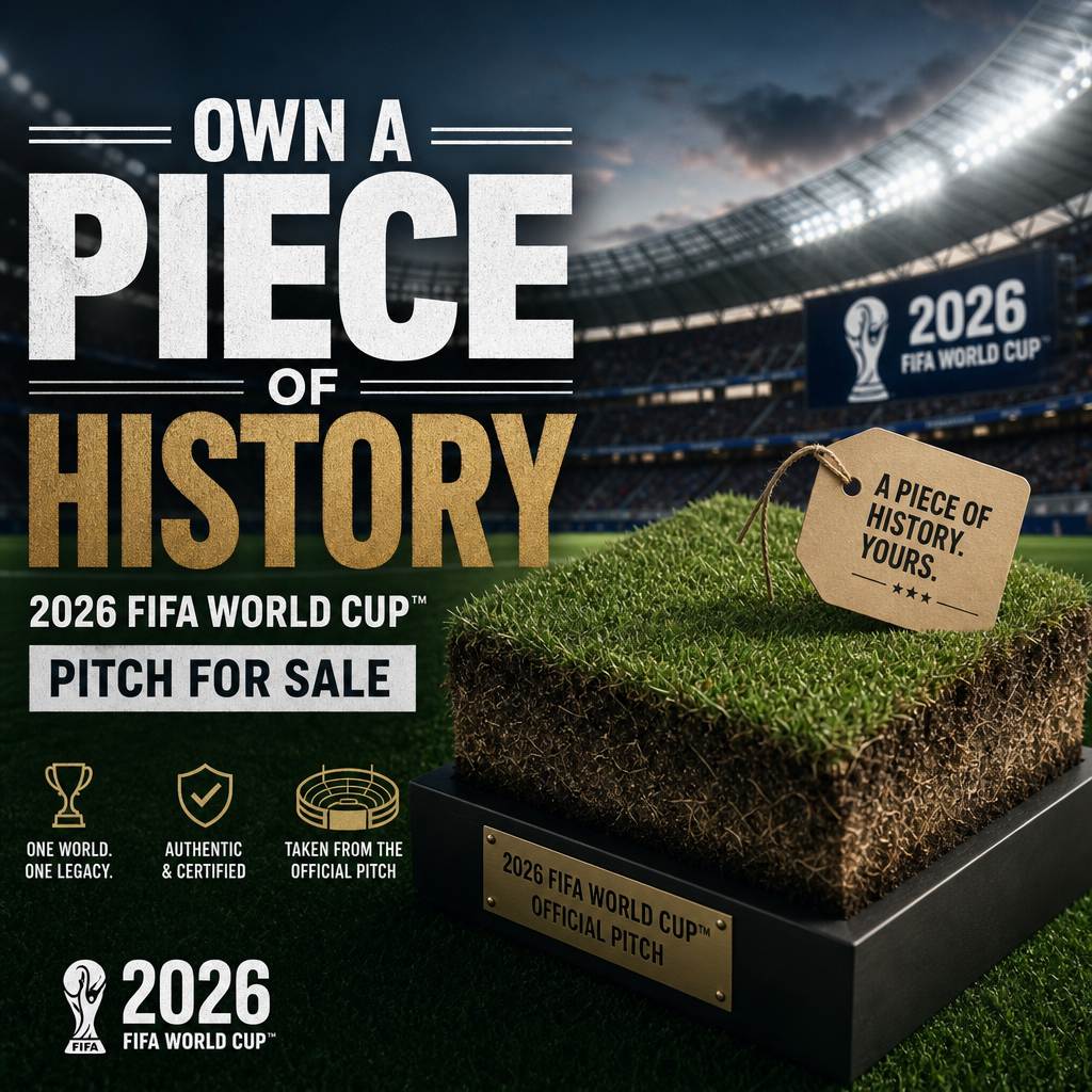 Pieces of the official 2026 FIFA World Cup pitch displayed for sale as certified, authentic memorabilia.