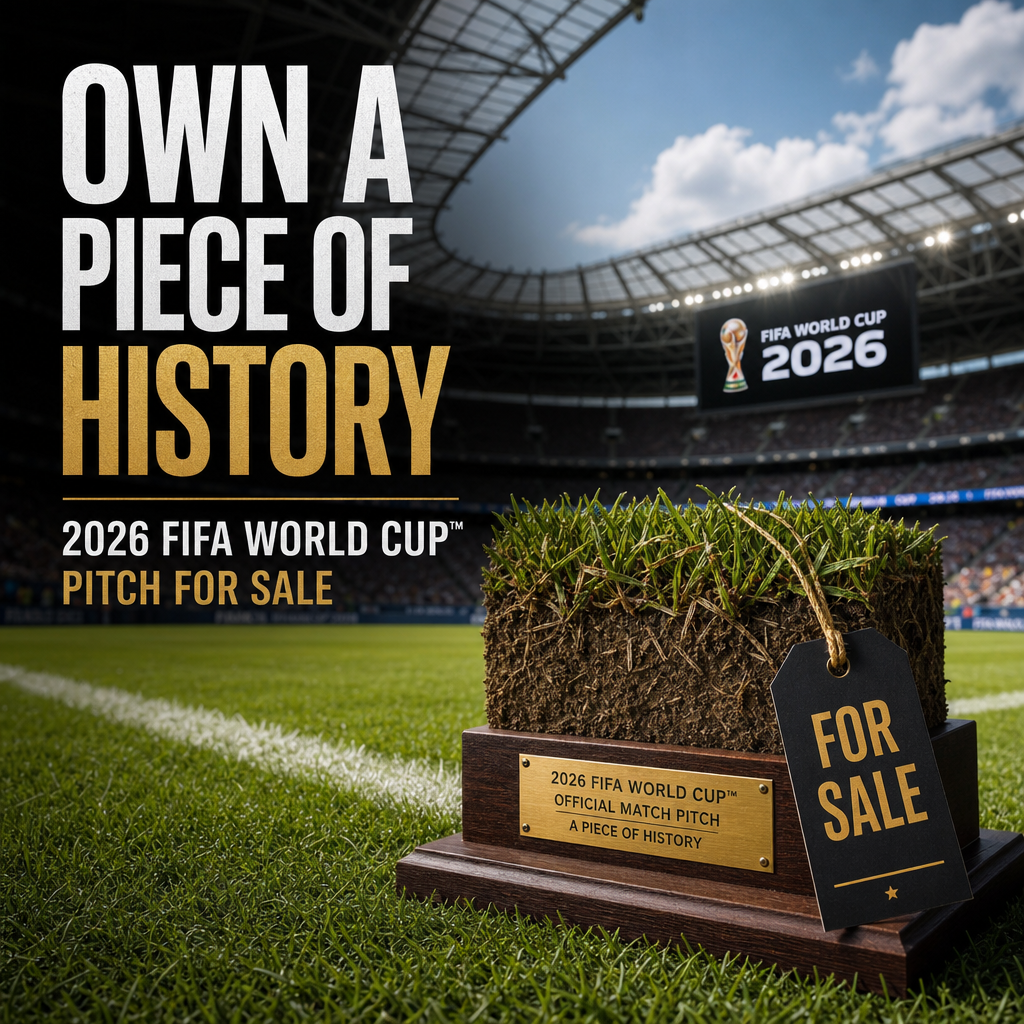 A piece of the 2026 FIFA World Cup official match pitch displayed in front of a stadium.