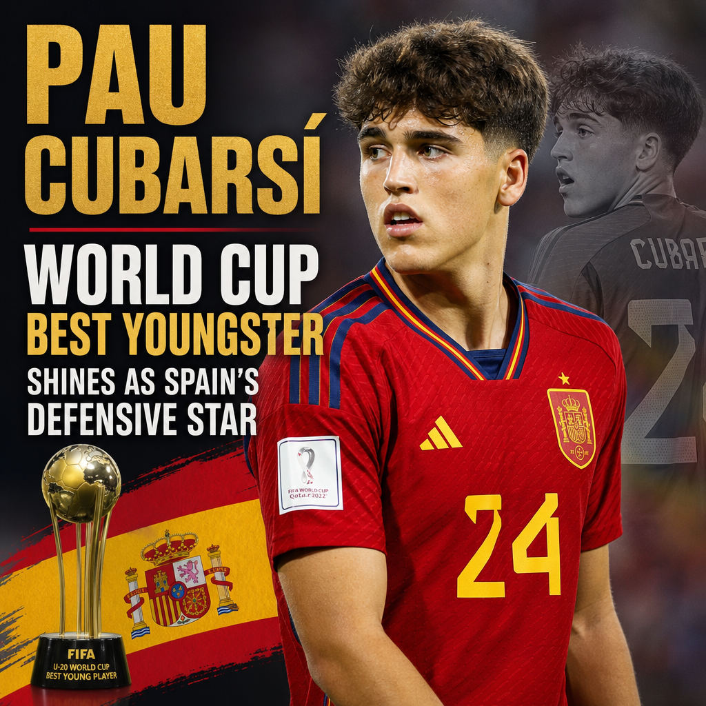 Pau Cubarsí celebrating after winning FIFA U-20 World Cup Best Young Player award for Spain.