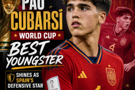 Pau Cubarsí celebrates as Spain's best young defensive player in the World Cup.